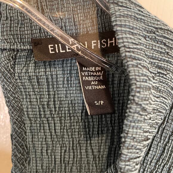 Eileen Fisher Teal-Blue Woven Plisse Mock Neck Top Crepe Tencel Short Sleeve S - Picture 4 of 7